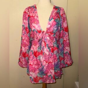 Nasty Gal red pink blue lavender Floral V-Neck mini dress 2